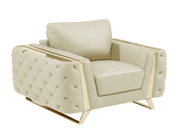 50" Beige And Gold Genuine Leather Tufted Club Chair - Image 3