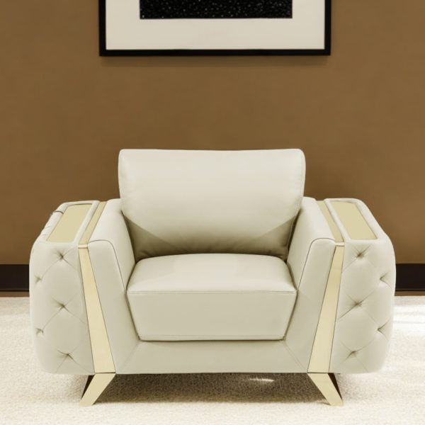 50" Beige And Gold Genuine Leather Tufted Club Chair - Image 2