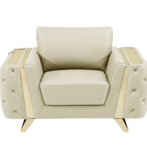 50" Beige And Gold Genuine Leather Tufted Club Chair