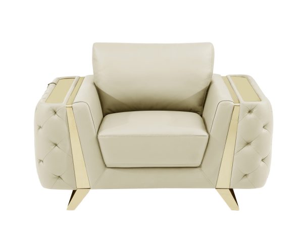 50" Beige And Gold Genuine Leather Tufted Club Chair