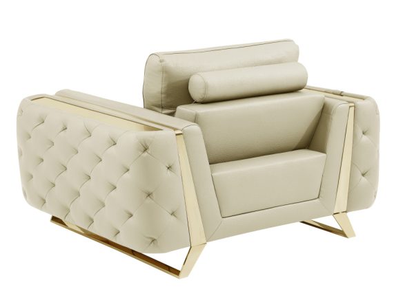 50" Beige And Gold Genuine Leather Tufted Club Chair - Image 4