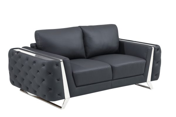 72" Dark Gray And Silver Genuine Leather Loveseat - Image 3