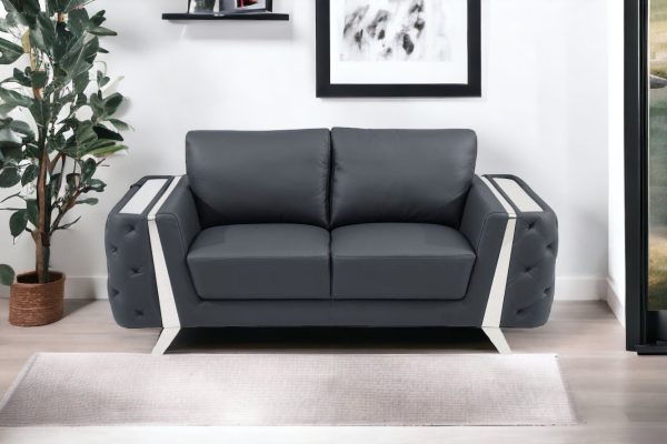 72" Dark Gray And Silver Genuine Leather Loveseat - Image 2