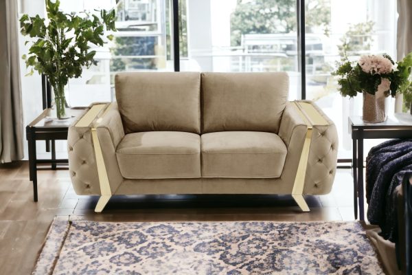 72" Beige And Gold Velvet Loveseat - Image 2