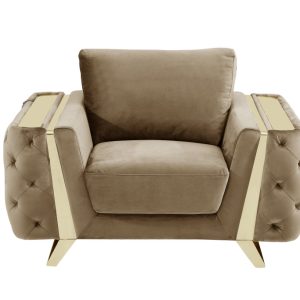 50" Beige And Gold Velvet Tufted Club Chair