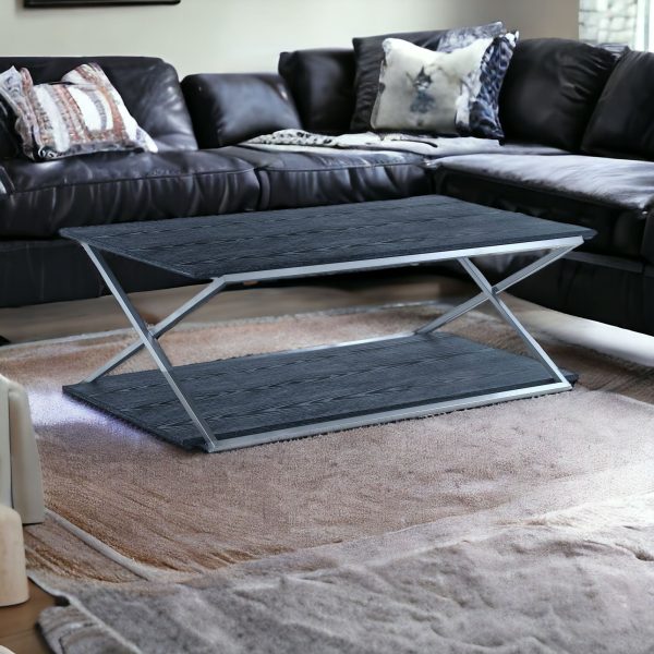 51" Black And Silver Stainless Steel Coffee Table With Shelf - Image 2