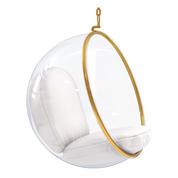 42" White and Gold Acrylic and Faux Leather Hanging Balloon Chair - Image 3