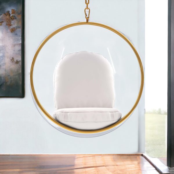 42" White and Gold Acrylic and Faux Leather Hanging Balloon Chair - Image 2