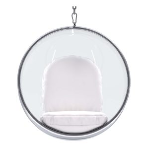 42" White and Silver Acrylic and Faux Leather Hanging Balloon Chair