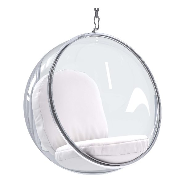 42" White and Silver Acrylic and Faux Leather Hanging Balloon Chair - Image 3