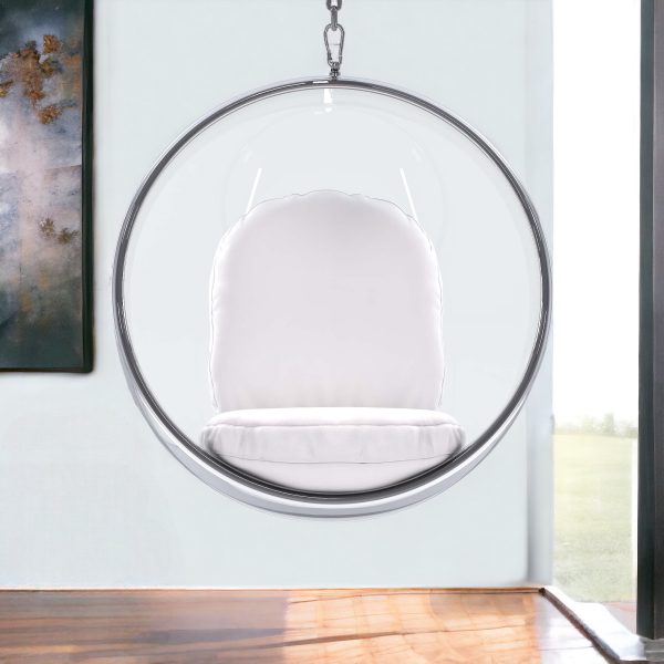 42" White and Silver Acrylic and Faux Leather Hanging Balloon Chair - Image 2