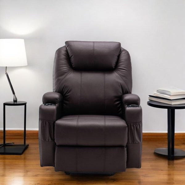 33" Brown Faux Leather Power Heated Massage Lift Assist Recliner - Image 2