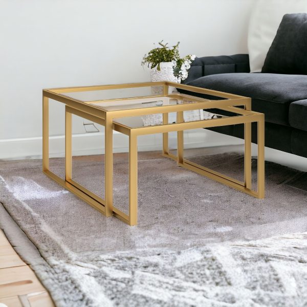 Set of Two 30" Gold Glass And Steel Square Nested Coffee Tables - Image 2