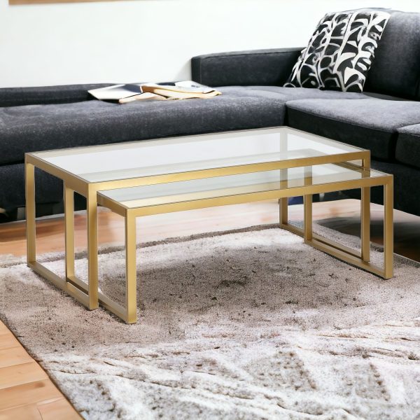 Set of Two 46" Gold Glass And Steel Nested Coffee Tables - Image 2