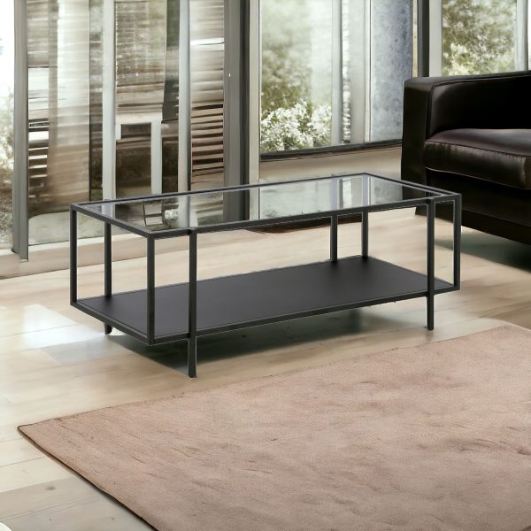 45" Clear And Black Glass And Steel Coffee Table With Shelf - Image 2