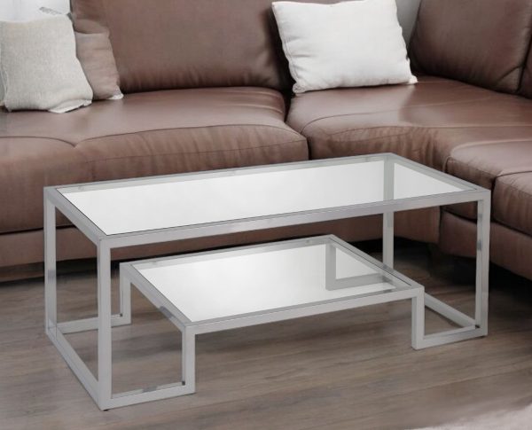 45" Silver Glass And Steel Coffee Table With Shelf - Image 2