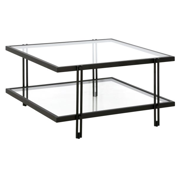 32" Clear And Black Glass And Steel Square Coffee Table With Shelf - Image 3