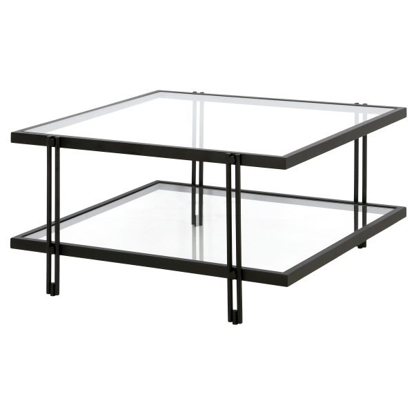 32" Clear And Black Glass And Steel Square Coffee Table With Shelf - Image 4