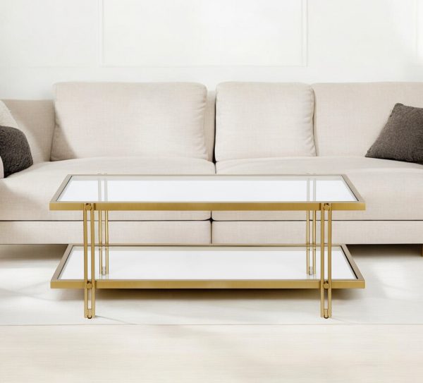 45" Gold Glass And Steel Coffee Table With Shelf - Image 2