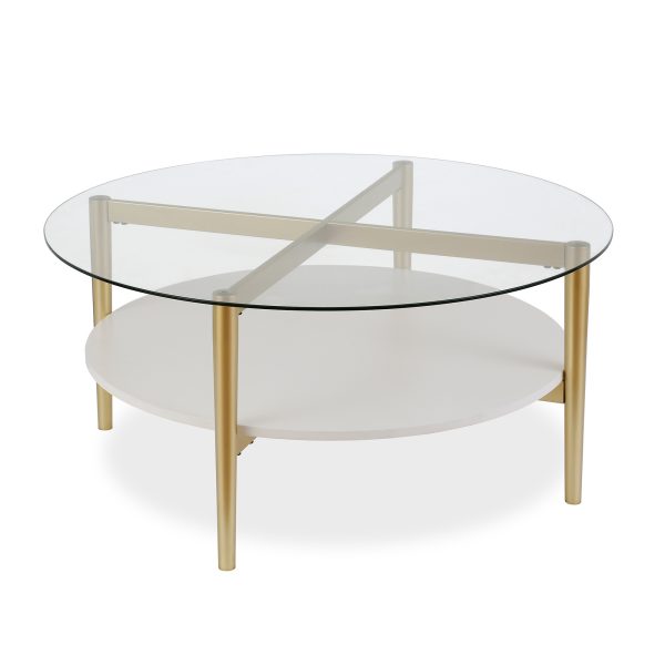 36" Clear And Gold Glass And Steel Round Coffee Table With Shelf - Image 2