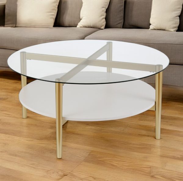 36" Clear And Gold Glass And Steel Round Coffee Table With Shelf