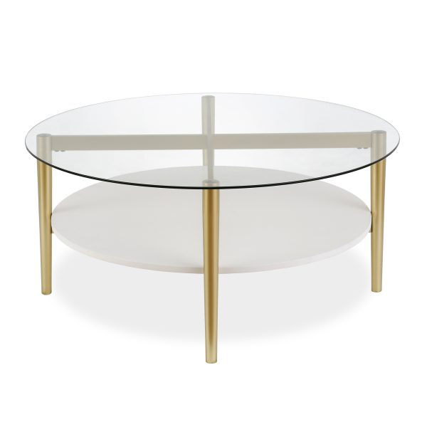 36" Clear And Gold Glass And Steel Round Coffee Table With Shelf - Image 3