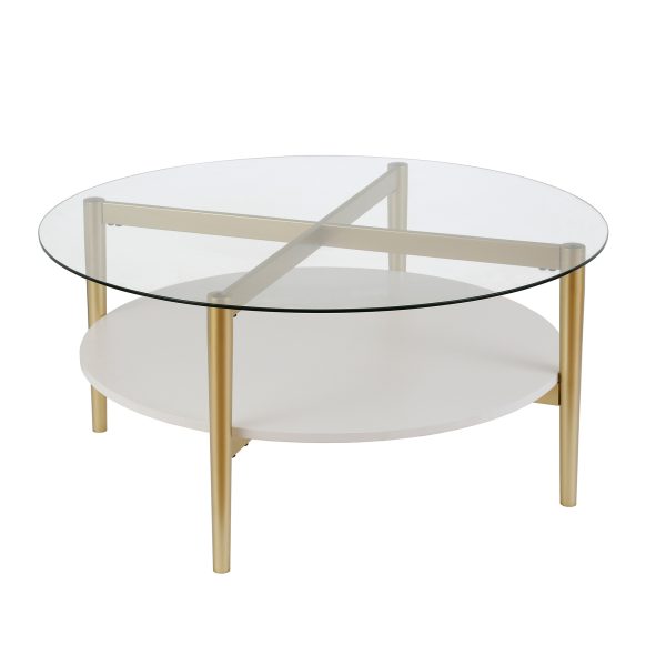 36" Clear And Gold Glass And Steel Round Coffee Table With Shelf - Image 4