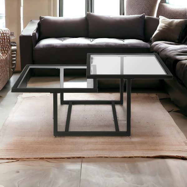43" Black Glass And Steel Square Coffee Table With Two Shelves - Image 2