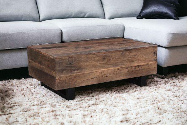 52" Dark Brown And Black Solid Wood And Metal Distressed Coffee Table - Image 2