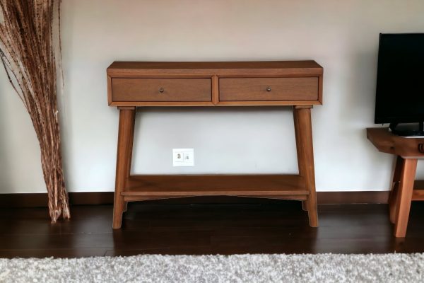 42" Brown Floor Shelf Console Table With Shelves And Drawers - Image 3