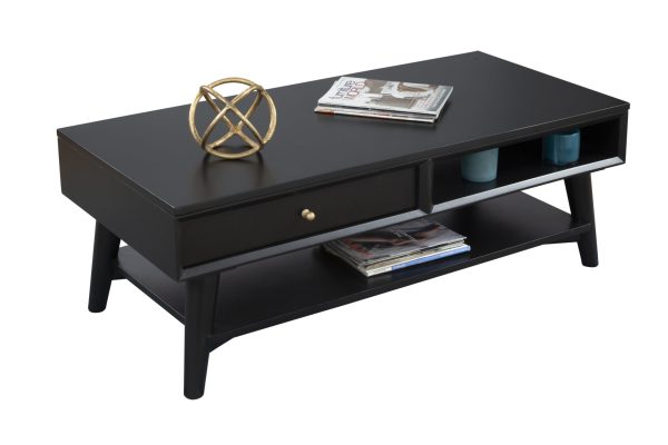 48" Black Solid And Manufactured Wood Coffee Table With Drawer - Image 3