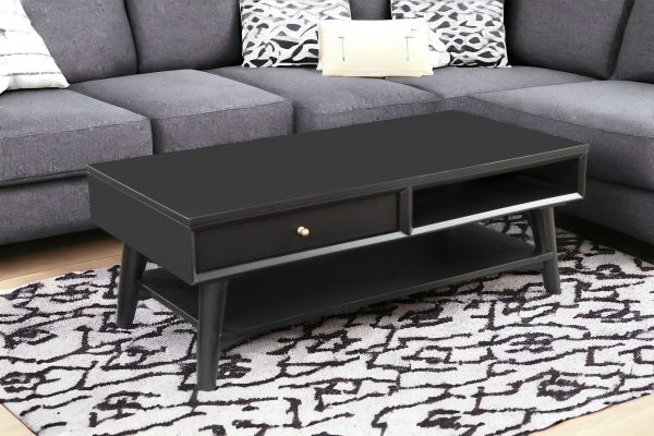 48" Black Solid And Manufactured Wood Coffee Table With Drawer - Image 2