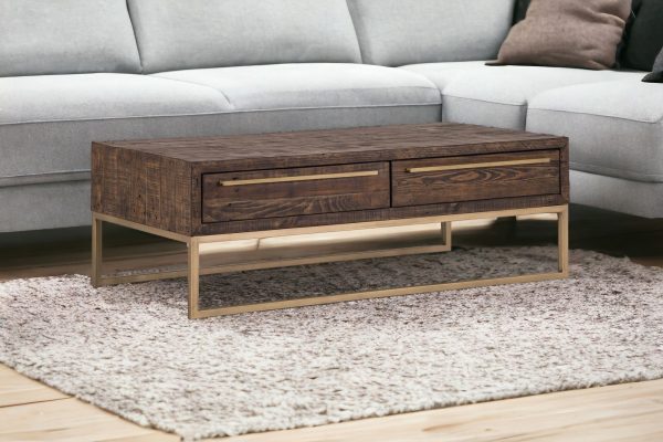 47" Dark Brown And Gold Metal Coffee Table With Drawer - Image 2
