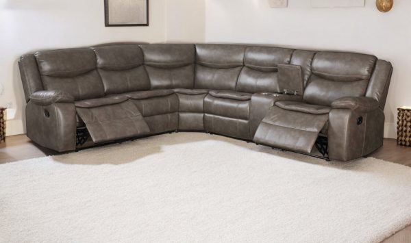 Taupe Faux Leather Reclining L Shaped Six Piece Corner Sectional With Console - Image 2