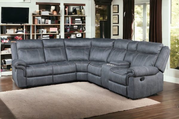 Gray Velvet Reclining L Shaped Six Piece Corner Sectional With Console - Image 2