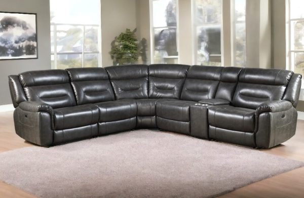Gray Faux Leather Power Reclining L Shaped Six Piece Corner Sectional With Console - Image 2