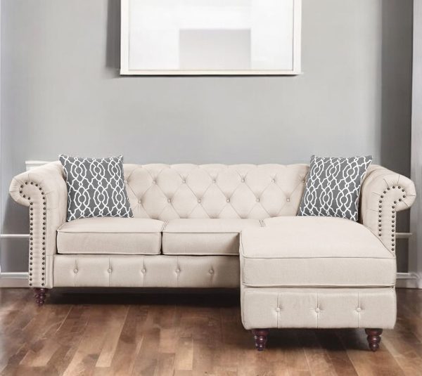 Beige Linen L Shaped Sofa and Chaise Sectional And Toss Pillows - Image 2