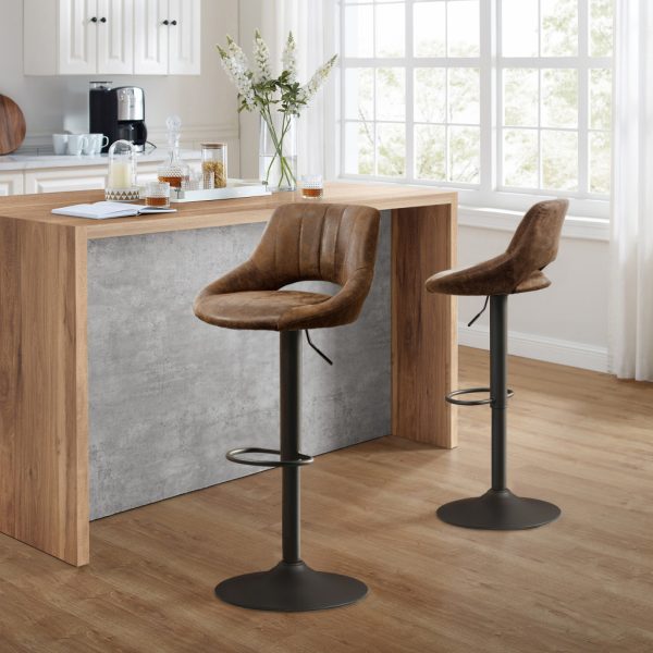 Set of Two 32" Brown And Black Faux Leather And Steel Swivel Low Back Adjustable Height Bar Chairs - Image 3