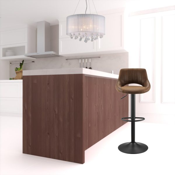 Set of Two 32" Brown And Black Faux Leather And Steel Swivel Low Back Adjustable Height Bar Chairs - Image 2