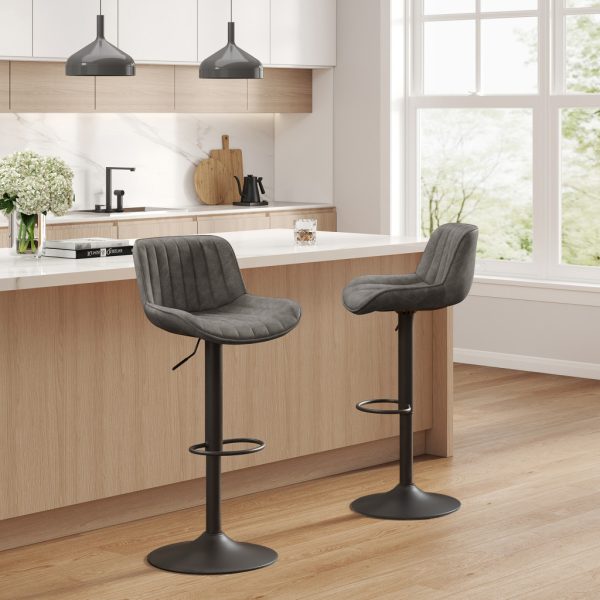 Set of Two 31" Gray And Black Faux Leather And Steel Swivel Low Back Adjustable Height Bar Chairs - Image 3