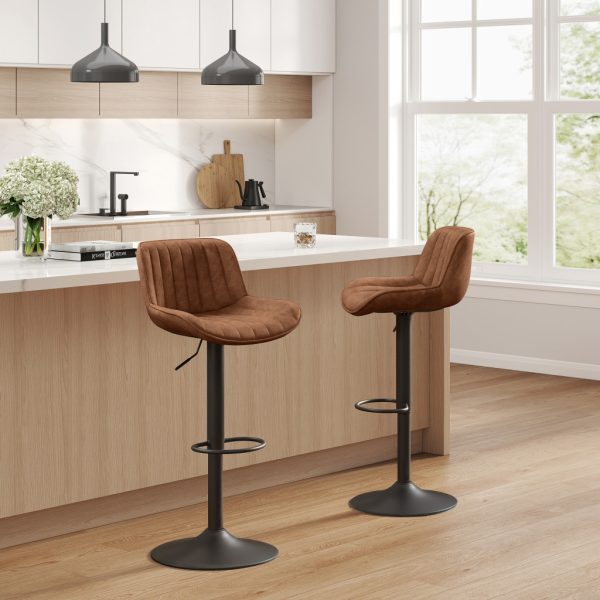 Set of Two 31" Brown And Black Faux Leather And Steel Swivel Low Back Adjustable Height Bar Chairs - Image 3
