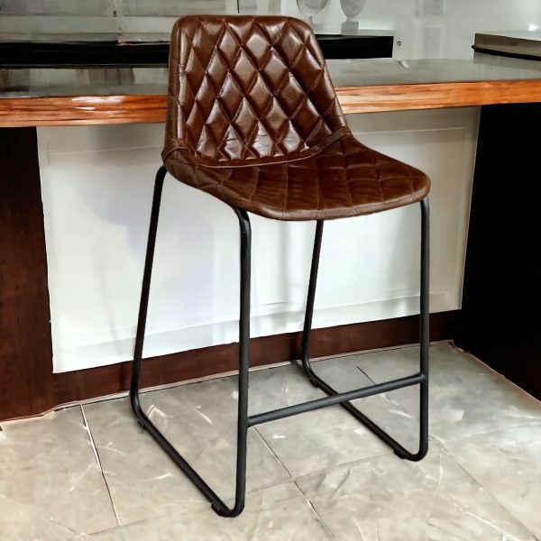 27" Brown and Black Leather and Iron Counter Height Bar Chair - Image 2