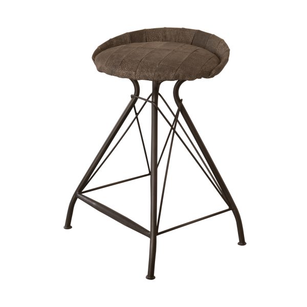 25" Brown and Black Leather and Iron Low Back Counter Height Swivel Bar Chair - Image 3