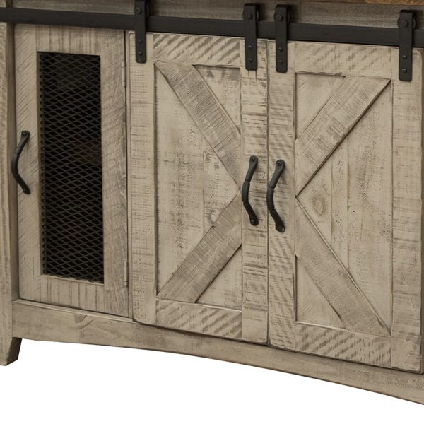 60" Gray Solid Wood Cabinet Enclosed Storage Distressed TV Stand - Image 3