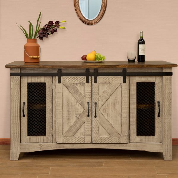60" Gray Solid Wood Cabinet Enclosed Storage Distressed TV Stand - Image 4