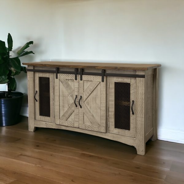 60" Gray Solid Wood Cabinet Enclosed Storage Distressed TV Stand - Image 2