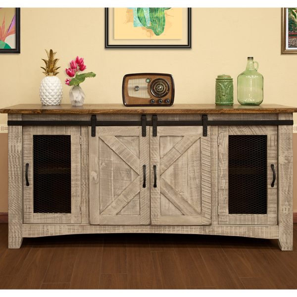 70" Gray Solid Wood Cabinet Enclosed Storage Distressed TV Stand - Image 4