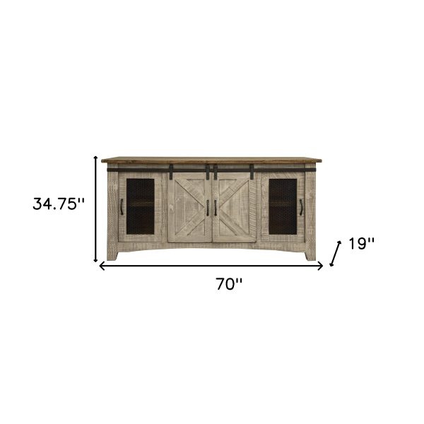 70" Gray Solid Wood Cabinet Enclosed Storage Distressed TV Stand - Image 3