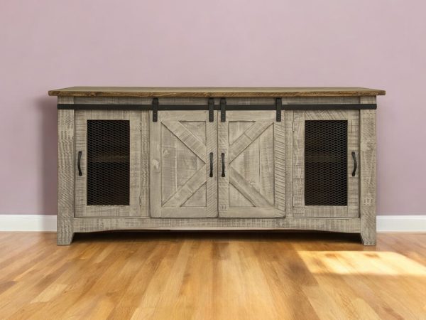 70" Gray Solid Wood Cabinet Enclosed Storage Distressed TV Stand - Image 2