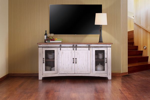 70" White Solid Wood Cabinet Enclosed Storage Distressed TV Stand - Image 4